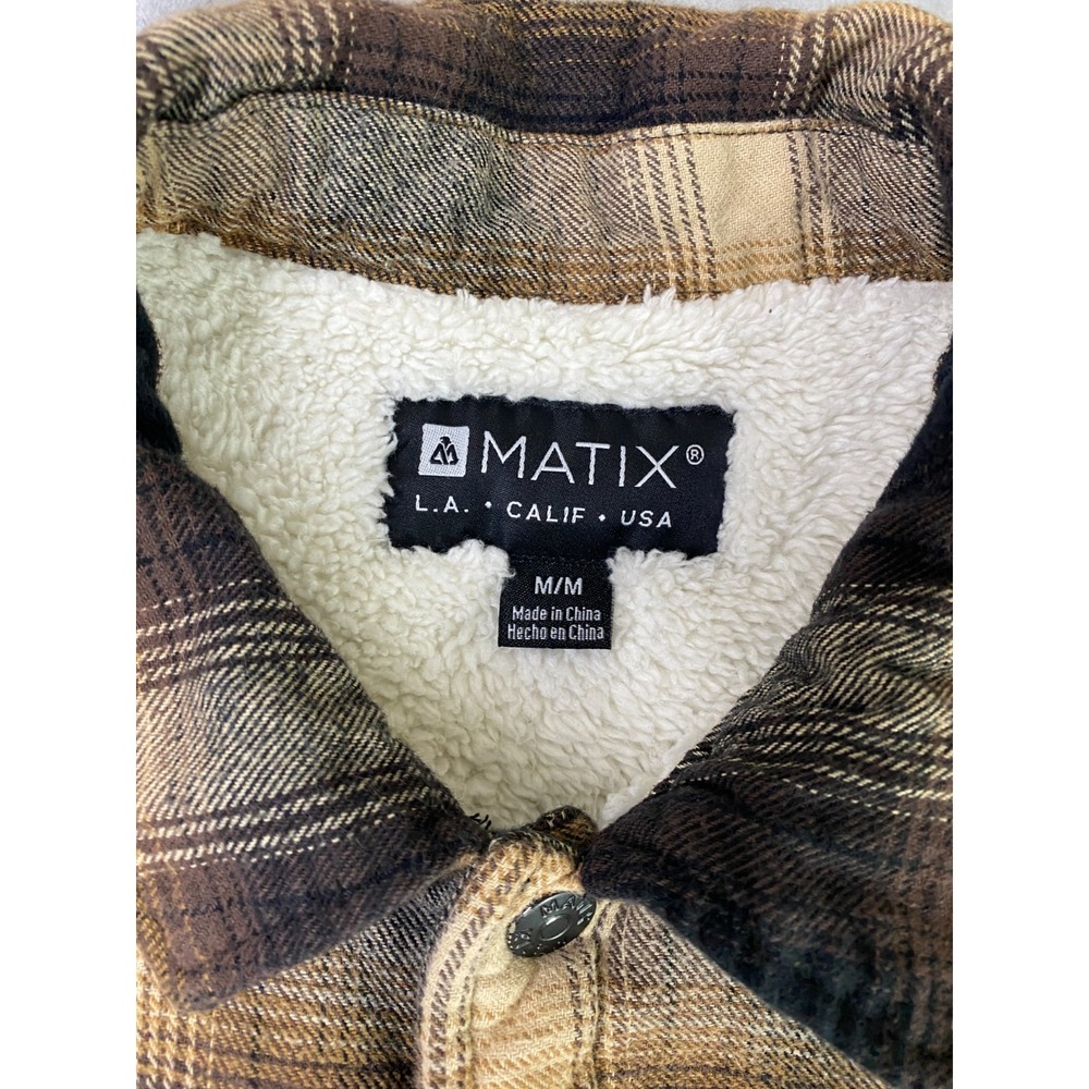 Matix Flannel Shirt Jacket Mens Medium Brown Plaid Sherpa Lined Shacket Coat - Picture 4 of 6